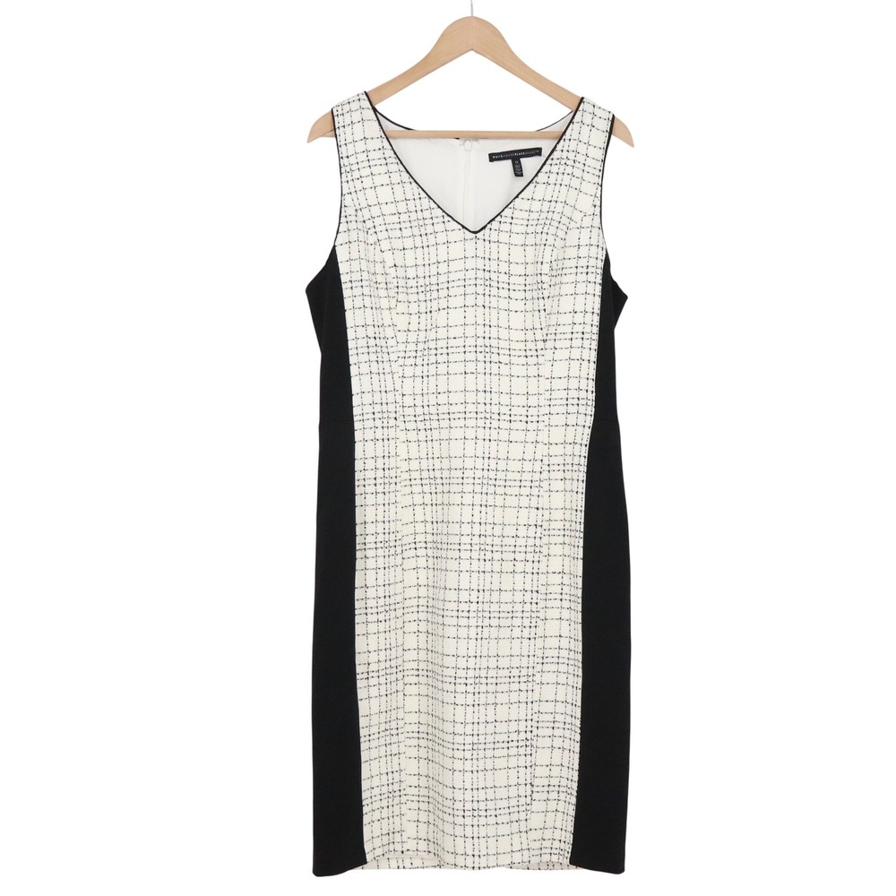 White House Black Market Dress Womens 12 Sheath White Black Tweed Panel Exc